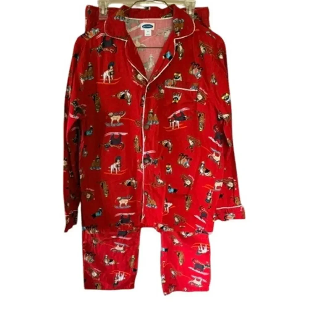 Old Navy Women’s Red Dog Print Pajama Set Button Front Shirt Pants Size Medium